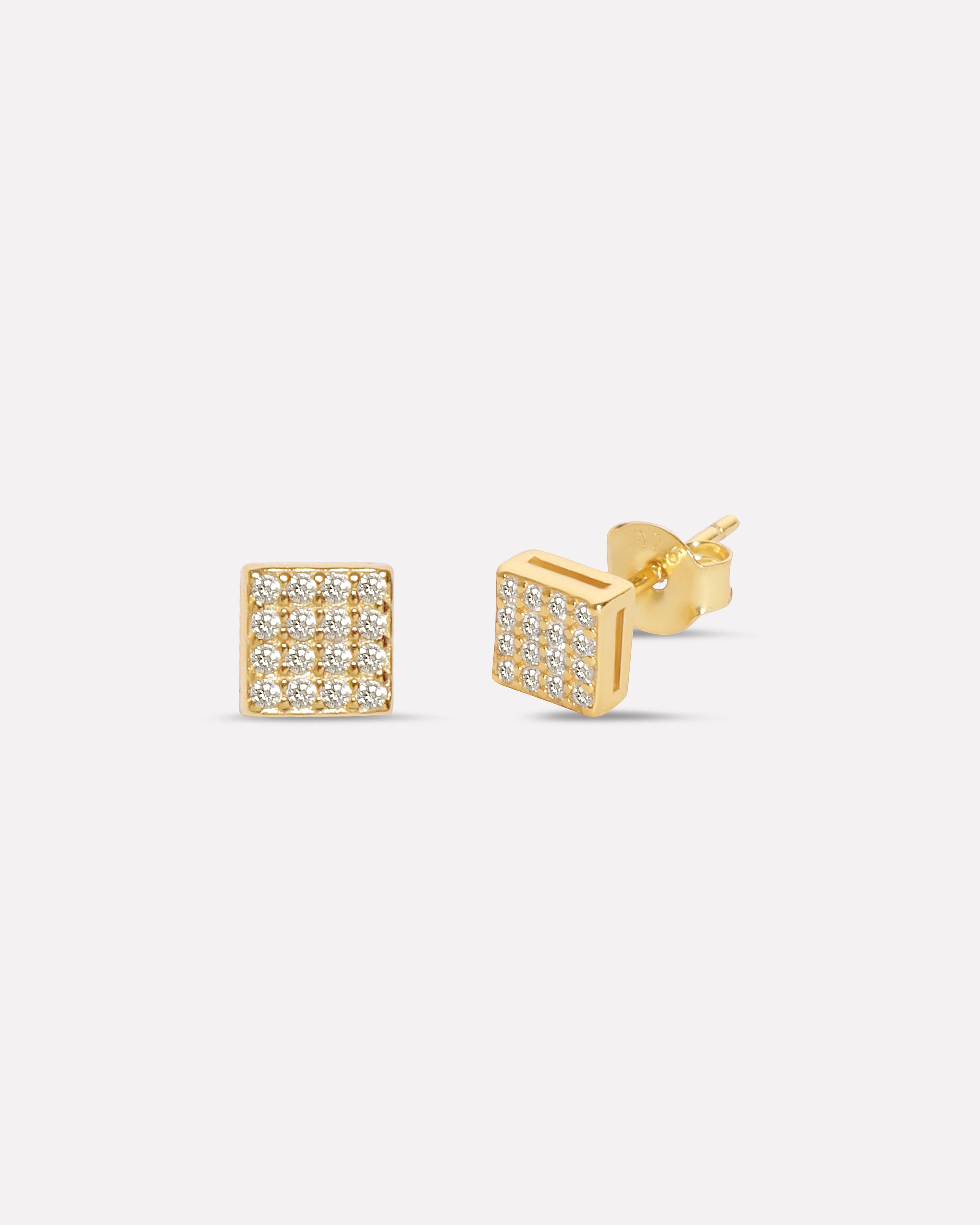 Square Solitaire Gold Plated  Stud Men's Earrings - Image 3