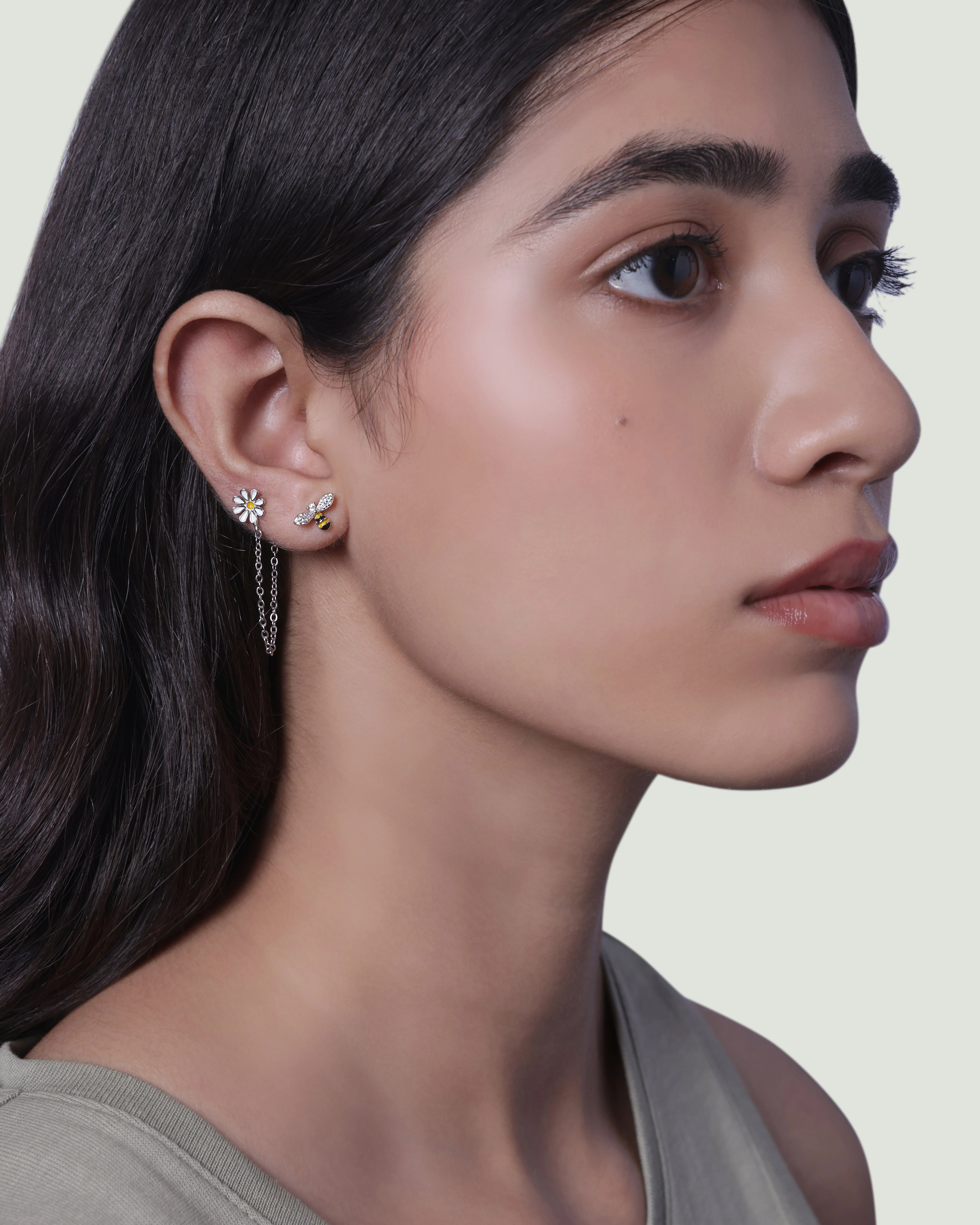 Bee Flower Connector 3 In 1 Chain Earrings - Image 3