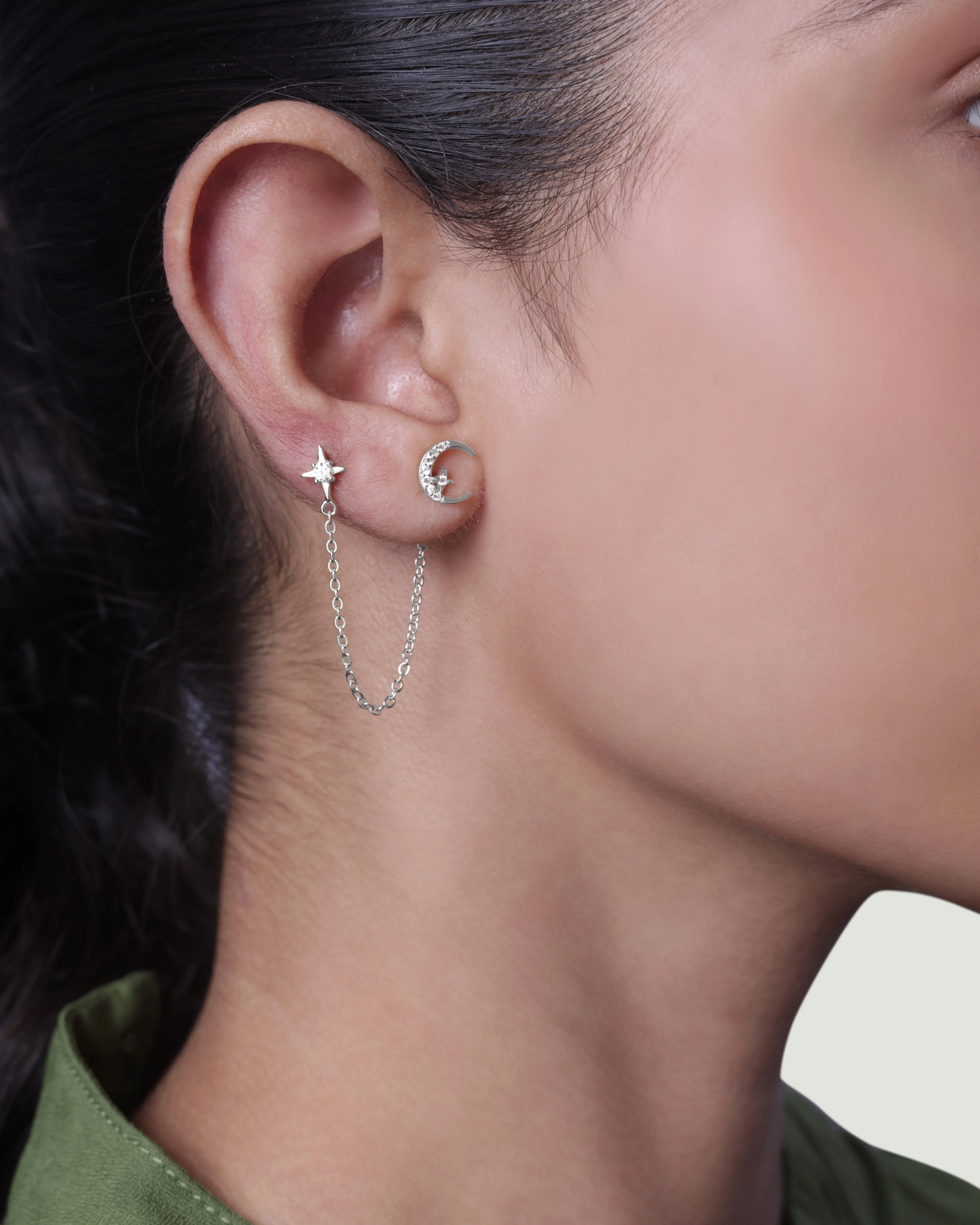 Moon Star 3 In Connector Chain Earrings - Image 3