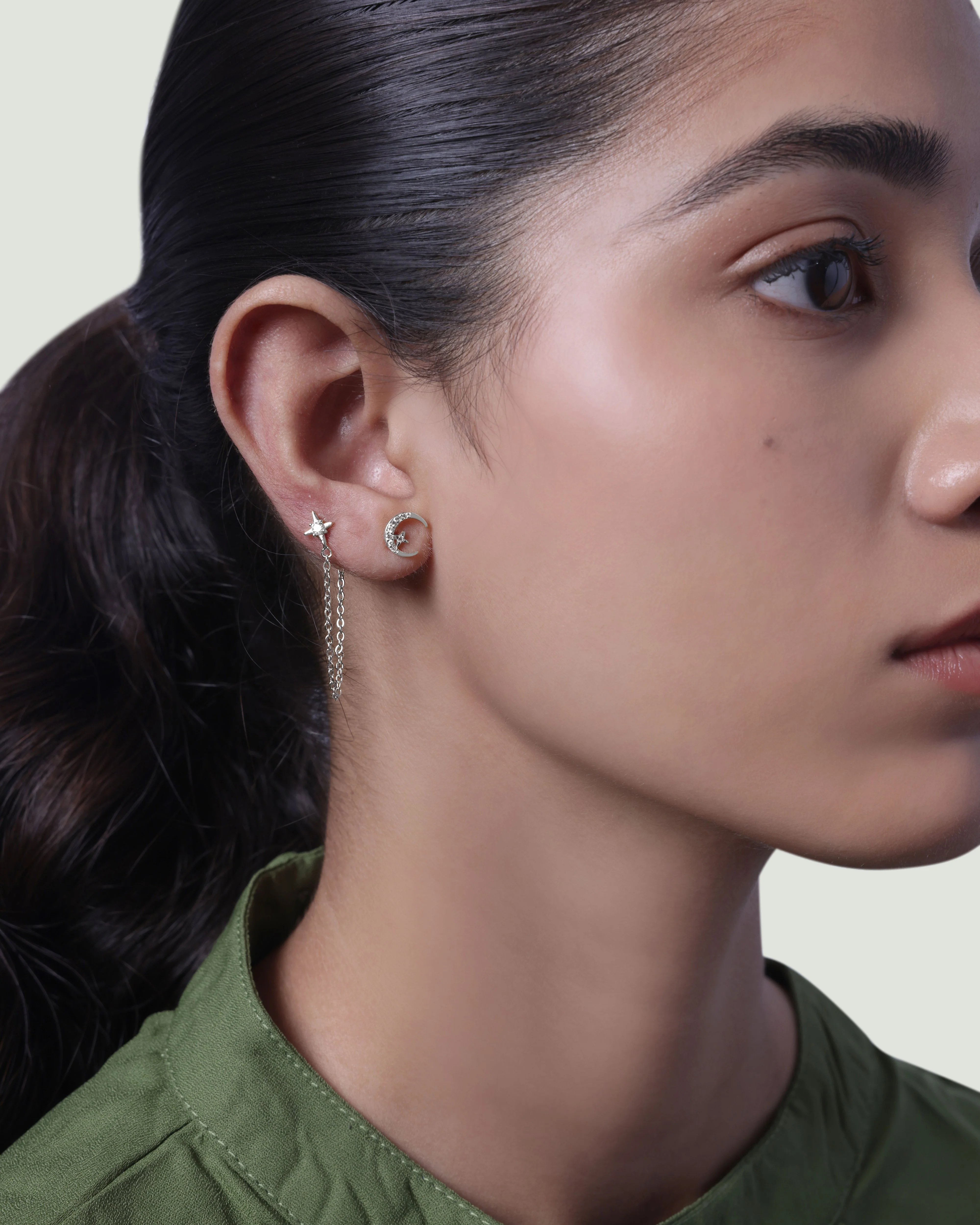 Moon Star 3 In Connector Chain Earrings - Image 6