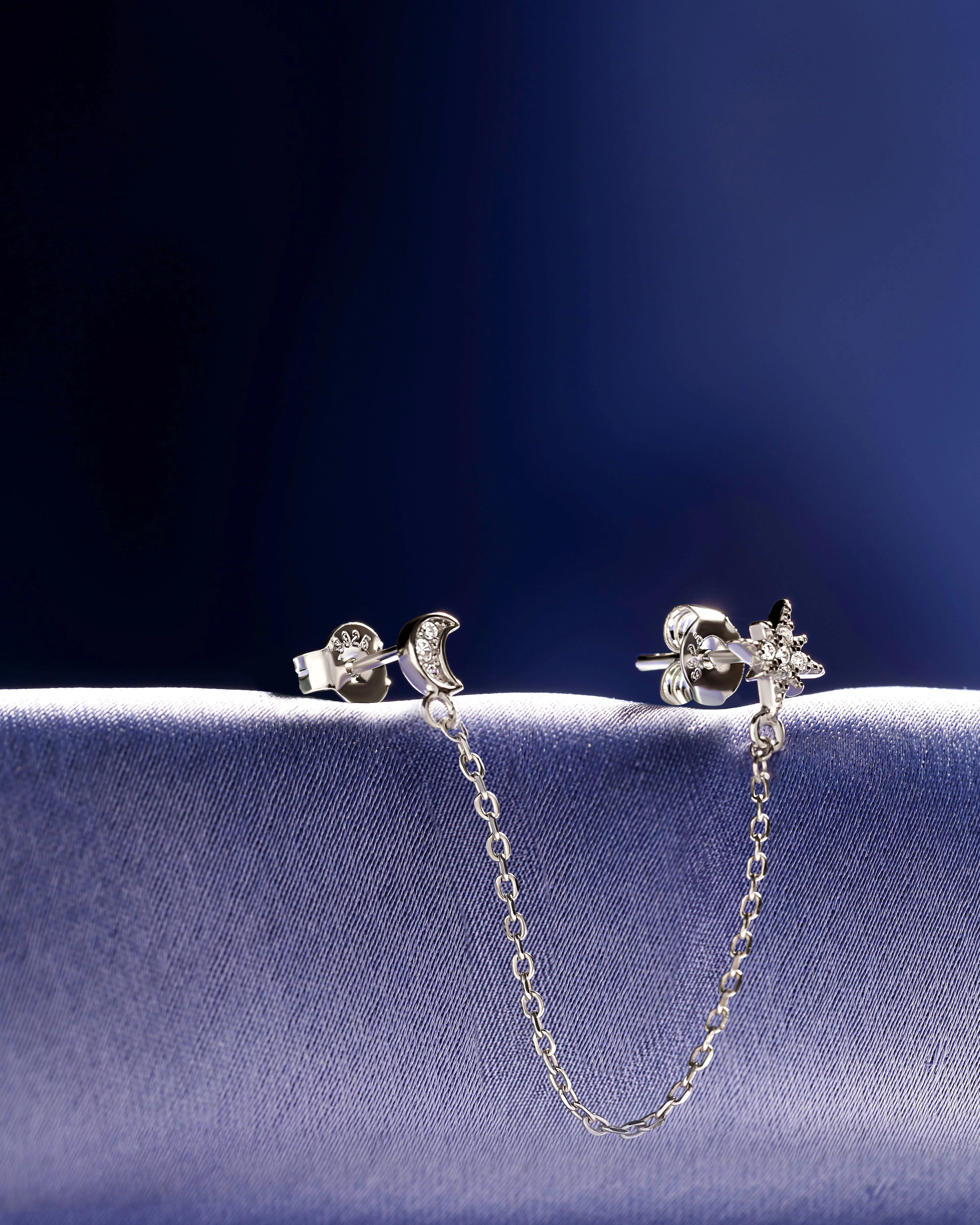 Moon Star Zirconia Connector Chain Earrings - Image 6